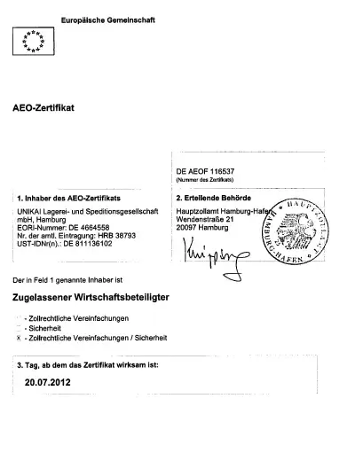Aeo Zertifikat Hhla Unikai