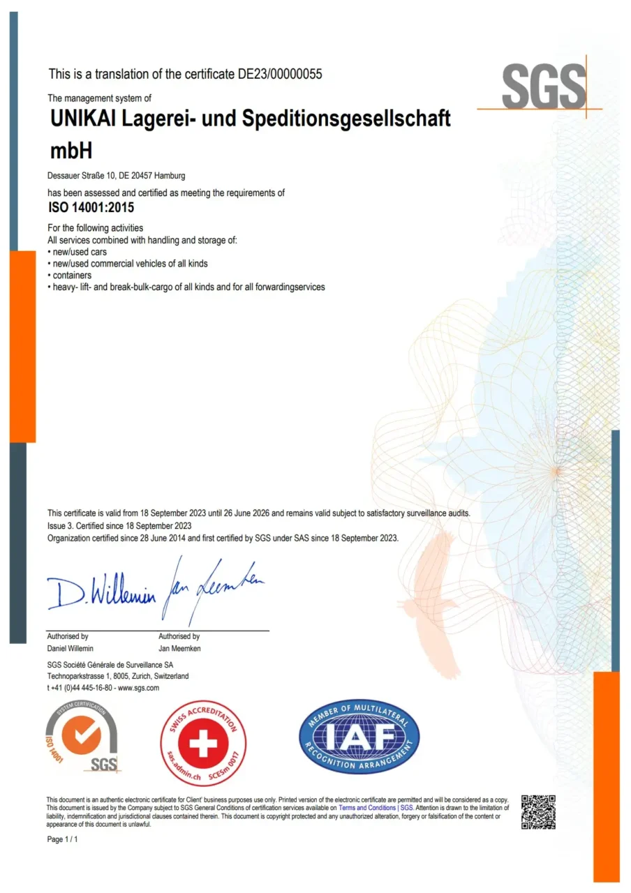 Zertifikat Iso 14001 2015 Sgs Hhla Unikai Cover