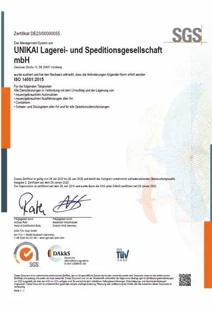 Zertifikat Iso 14001 2015 Sgs Hhla Unikai Cover